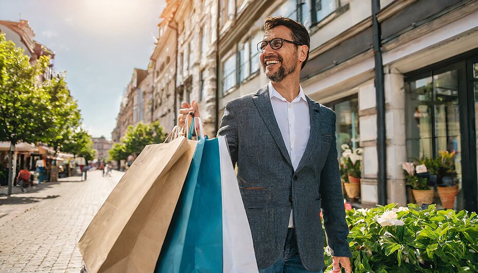 Mann mittleren Alters mit mehreren Einkaufstüten ist glücklich über die Vorteile von Upselling